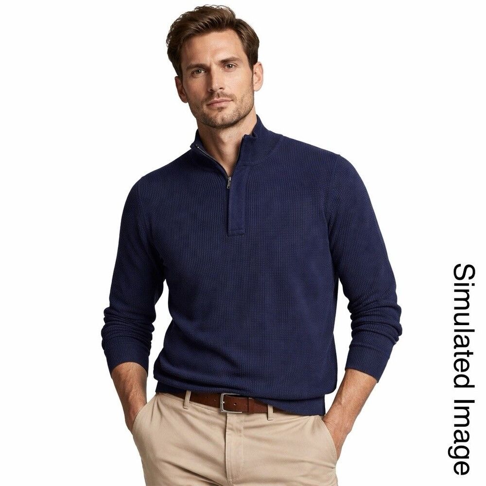 Massimo Dutti Sweater Mens XL Navy Cotton Cashmere 1/4 Zip Mock Neck Knit